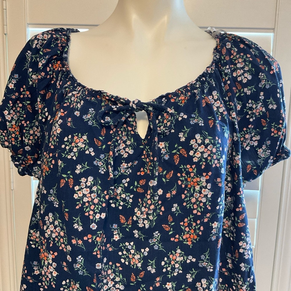 St. John's Bay Navy Floral Tie-Front Peasant Blouse - Picture 2 of 7